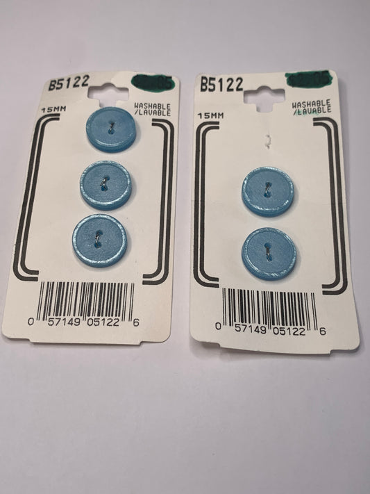 Vintage 5 Round Plastic Buttons, 2 Holes, Blue, 1.5 cm, New/Old Stock