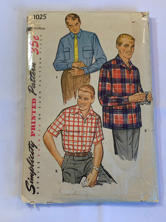 Simplicity Sewing Pattern 1025 Men's, Shirts, Long/Short Sleeves, Pocket, Collar, Button Front, Cuffs, Size 38-40, Cut, Vintage 1976