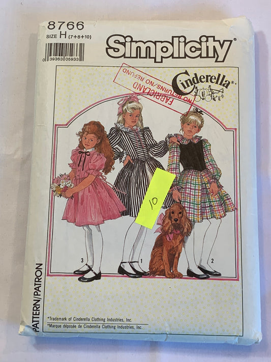 Simplicity Sewing Pattern Cinderella 8766 Girls' Dress, Collar, Pleats, Flared Skirt, Long/Short Sleeves, Size 7-10, Cut, Vintage 1988