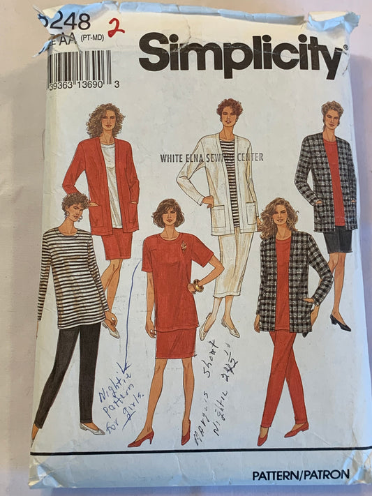 Simplicity Sewing Pattern 8248 Misses' Skirt, Two Lengths, Blouse, Pants, Tunic, Cardigan, Long Sleeves, Elastic Waist, Size 6-16, Cut, Vintage 1992