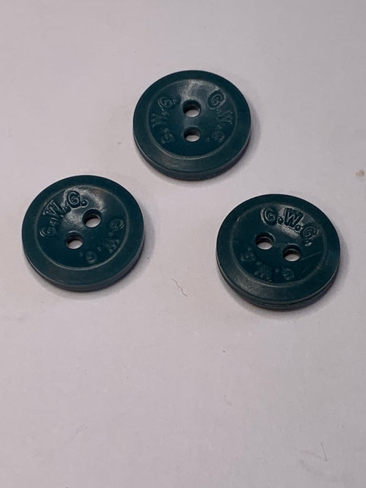 Vintage 3 Round Plastic Buttons, 2 Holes, Blue, 1.5 cm, New/Old Stock