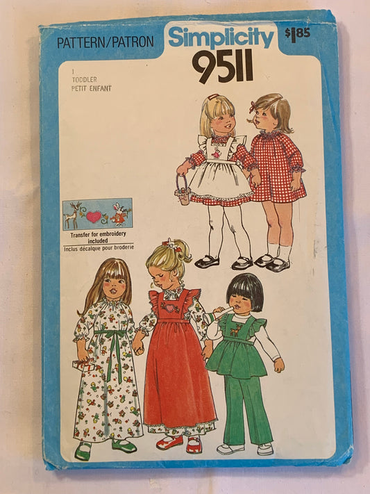 Simplicity Sewing Pattern 9411 Toddlers' Dress, Pinafore, Two Lengths, Pants, Tie Back, Button Back, Long/Short Sleeves, Size 1, Cut, Vintage 1980