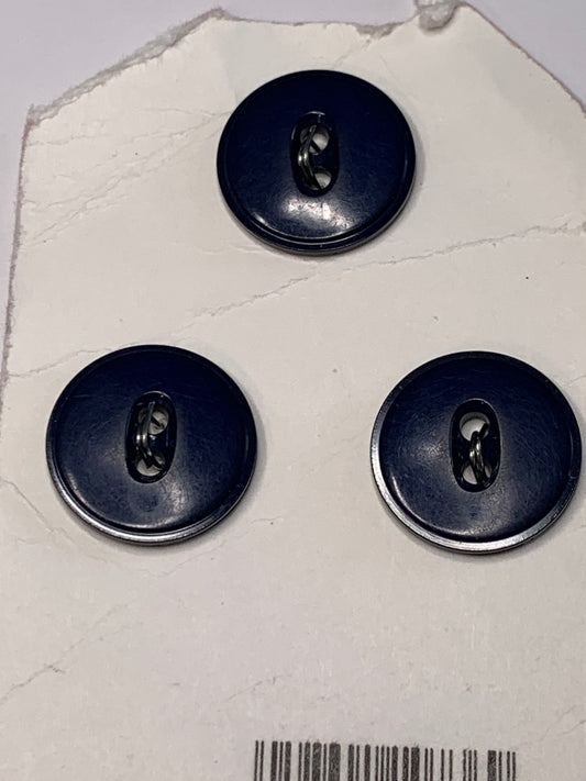Vintage 3 Round Plastic Buttons, 2 Holes, Navy Blue, 1.5 cm, New/Old Stock