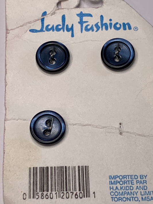 Vintage 3 Round Plastic Buttons, 2 Holes, Blue, 1.0 cm, New/Old Stock