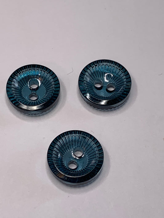 Vintage 3 Round Plastic Buttons, 2 Holes, Abstract Design, Blue, 1.0 cm, New/Old Stock