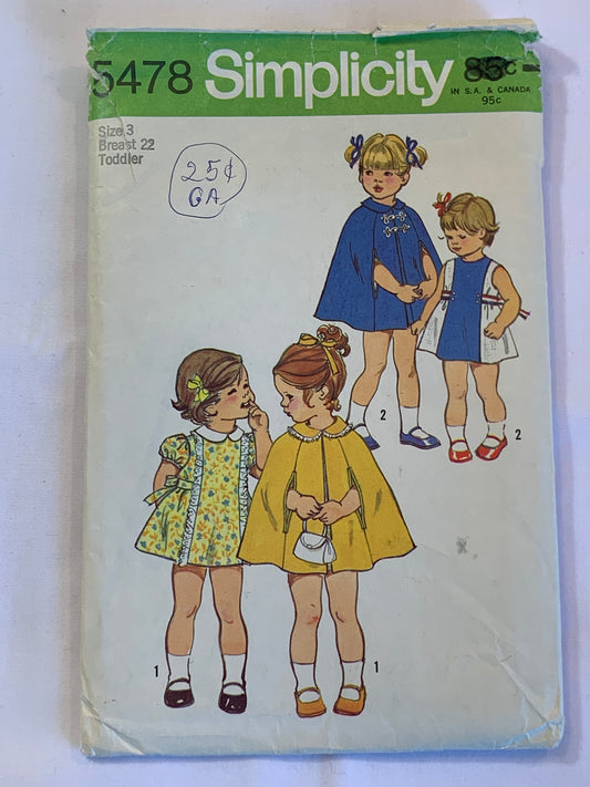 Simplicity Sewing Pattern 5478 Toddlers' Dress, Cape, Zipper Back, Tie Back, Collar, Short Sleeves, Sleeveless, Size 3, Cut, Vintage 1975