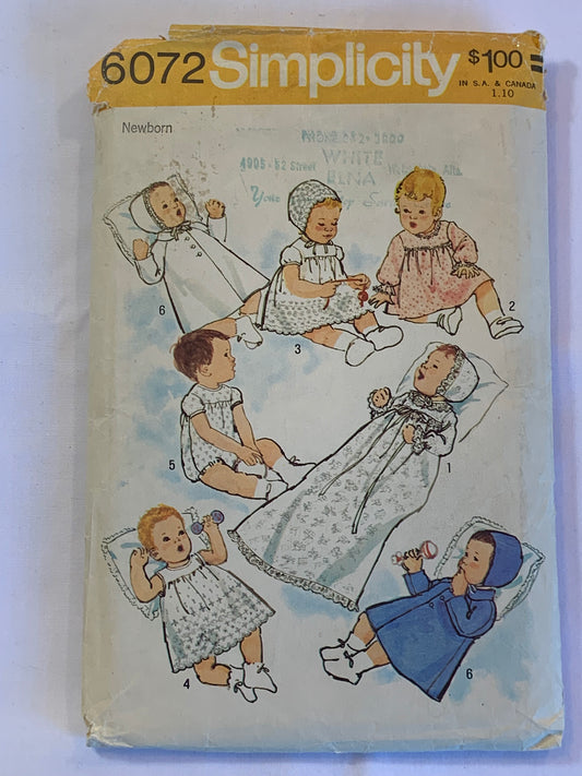 Simplicity Sewing Pattern 6072 Babies/Infants |Layette, Dress, Bonnet, Petticoat, Long/Short Sleeves, Sleeveless, Size 7-13 Pounds, Cut, Vintage 1979