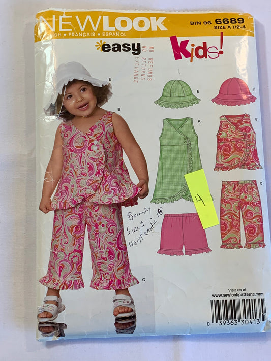 Simplicity New Look Sewing Pattern 6689 Girls' Toddlers' Dress, Hat, Top, Shorts, Pants. Size 1/2-4, Cut, Vintage 1982