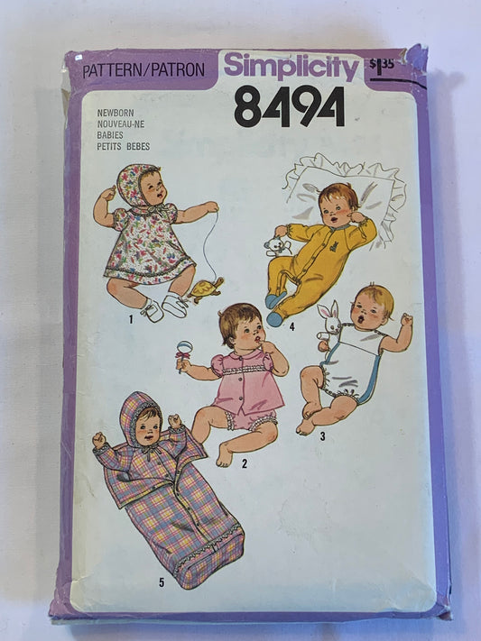 Simplicity Sewing Pattern 8494 Babies, Infants, Dress, Panties, Hat, Sunsuit, Pajamas, Hooded Jacket, Bunting Bag, Size 7-13 Pounds, Cut, Vintage 1978