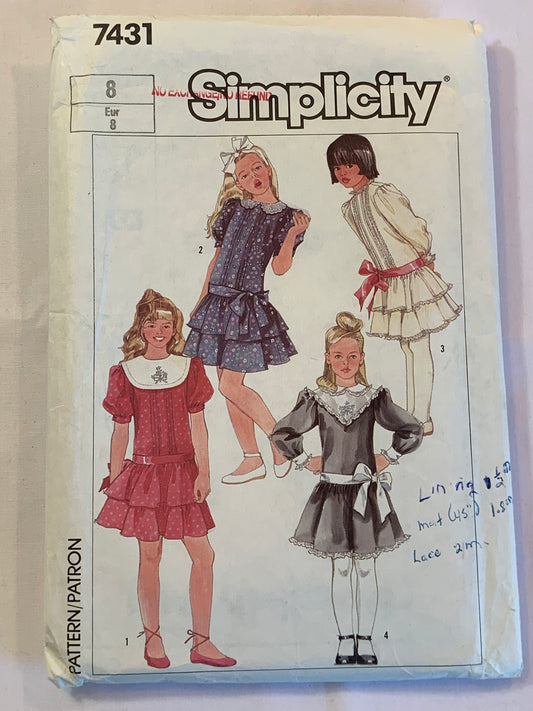 Simplicity Sewing Pattern 7431 Girls' Dresses, Drop Waist, Long/Short Sleeves, Collar, Tiered Skirt, Zipper Back, Size 8, Cut, Vintage 1986