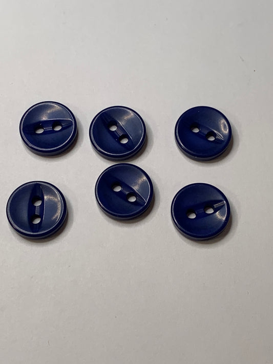 Vintage 6 Round Plastic Buttons, 2 Holes, Blue, 1.0 cm, New/Old Stock