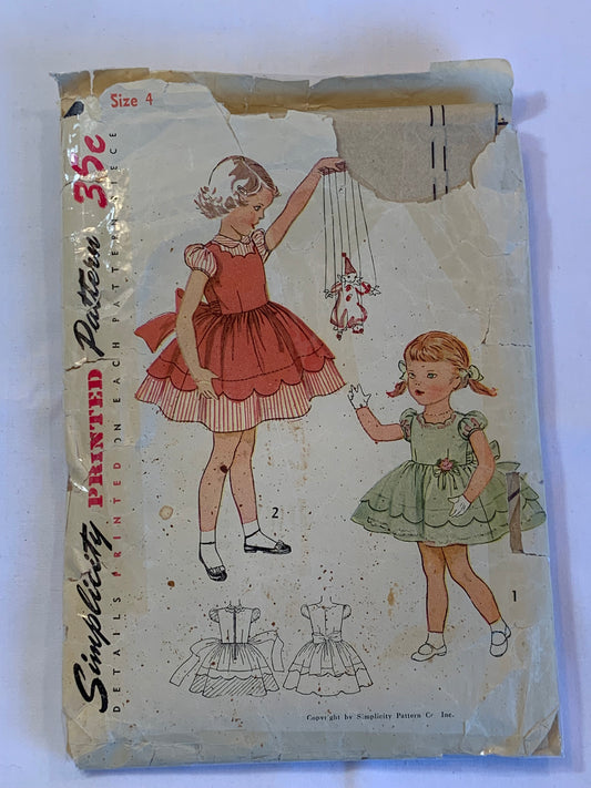 Simplicity Sewing Pattern 3808 Girls' Dresses, Jacket, Sleeveless, Short Sleeves, Button Back, Gathered Flared Skirt, Tie Belt, Size 4, Cut, Vintage 1950