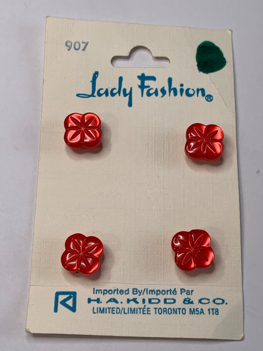Vintage Children/Baby 4 Flower Plastic Buttons, Shank, Red, .05 cm, New/Old Stock