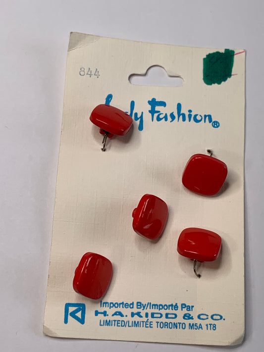 Vintage Children/Baby 5 Plastic Square Buttons, Shank, Red, 1.0 cm, New/Old Stock