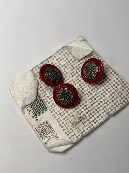 Vintage 3 Round Plastic Buttons, Silver Coat of Arms, Shank, Red, 1.5 cm, New/Old Stock