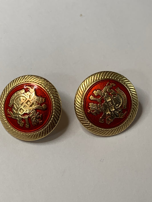 Vintage 2 Round Plastic Buttons, Coat of Arms, Shank, Red/Gold, 2.0 cm, New/Old Stock