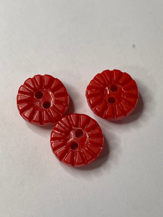 Vintage 3 Round Plastic Buttons, Abstract Design, Two Hole, Red, 1.0 cm, New/Old Stock
