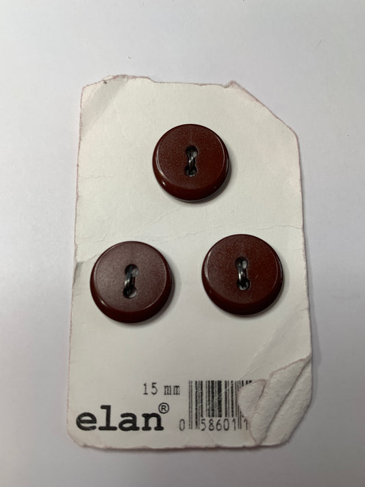 Vintage 3 Round Plastic Buttons, Two Hole, Brown Red, 1.5 cm, New/Old Stock