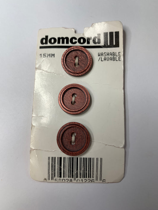 Vintage 3 Round Plastic Buttons, Two Hole, Brown Red, 1.5 cm, New/Old Stock