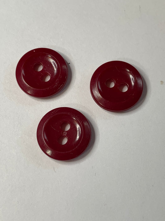 Vintage 3 Round Plastic Buttons, Two Hole, Burgandy Red, 1.5 cm, New/Old Stock