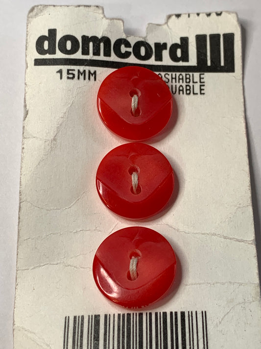 Vintage 3 Round Plastic Buttons, Two Hole, Red, 1.5 cm, New/Old Stock