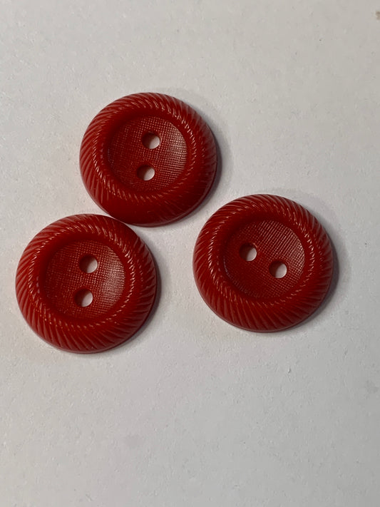 Vintage 3 Round Plastic Buttons, Two Hole, Red, 1.5 cm, New/Old Stock