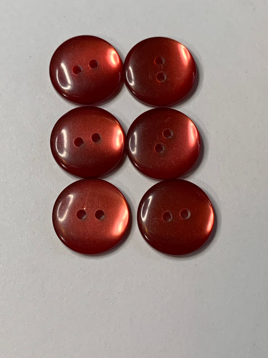 Vintage 6 Round Plastic Buttons, Two Hole, Red, 1.5 cm, New/Old Stock