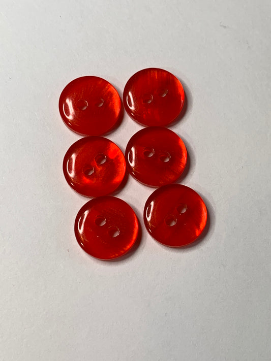 Vintage 6 Round Plastic Buttons,Two Hole, Red, 1.0 cm, New/Old Stock