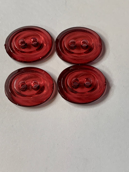 Vintage 4 Oval Plastic Buttons,Two Hole, Red, 1.0 cm, New/Old Stock