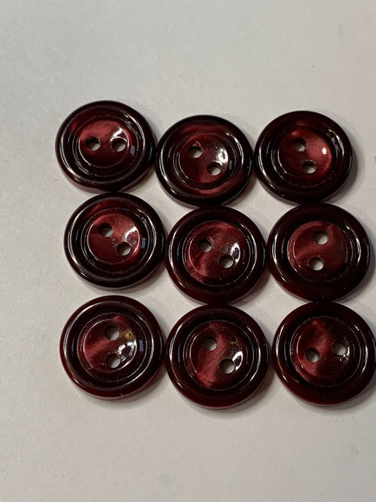 Vintage 9 Round Plastic Buttons, Two Hole, Red, 1.5 cm, New/Old Stock