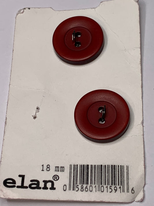 Vintage 2 Round Plastic Buttons, Two Hole, Red, 1.8 cm, New/Old Stock