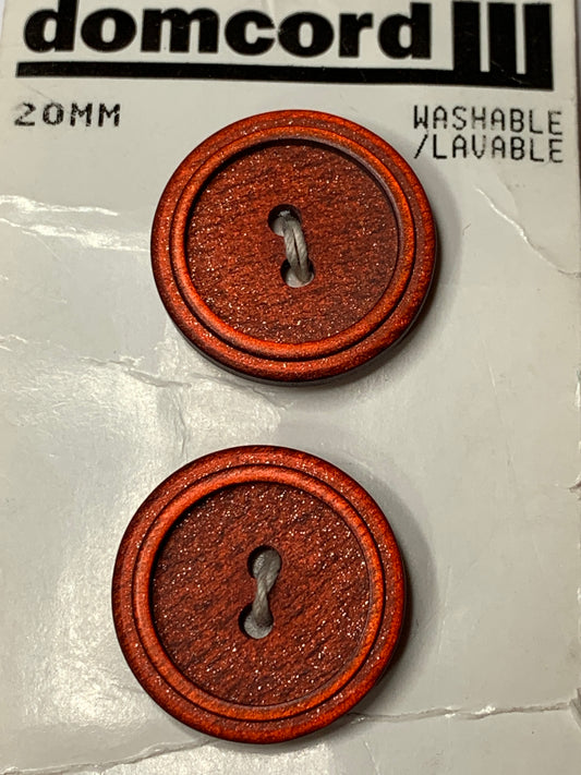 Vintage 2 Round Plastic Buttons, Two Hole, Red, 2.0 cm, New/Old Stock