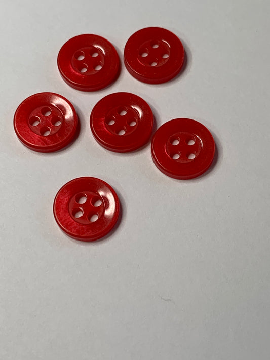 Vintage 6 Round Plastic Buttons, Four Hole, Red, 1.2 cm, New/Old Stock