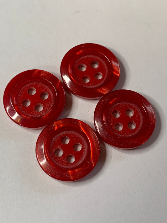 Vintage 4 Round Plastic Buttons, Four Hole, Red, 1.5 cm, New/Old Stock