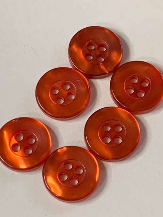 Vintage 6 Round Plastic Buttons, Four Hole, Red, 1.3 cm, New/Old Stock