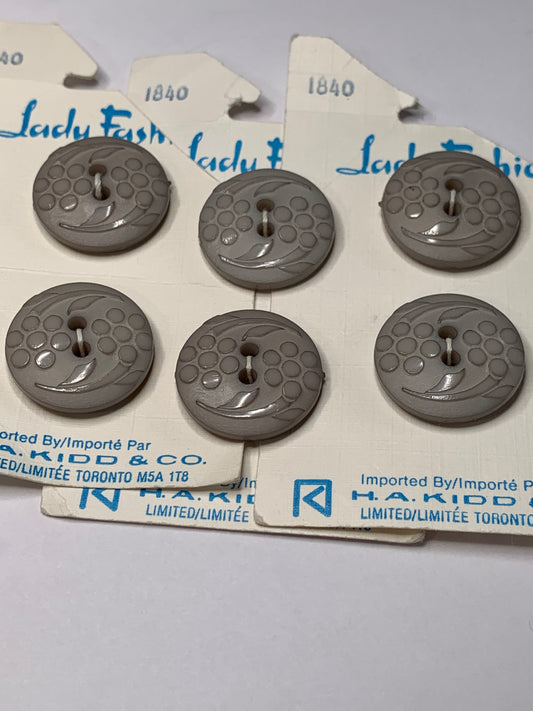 Vintage 6 Round Plastic Buttons, Two Holes, Grey, 2.0 cm, New/Old Stock