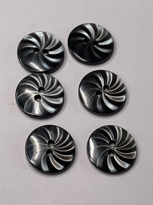 Vintage 6 Round Plastic Buttons, Two Holes, Swirl Grey, 1.5 cm, New/Old Stock