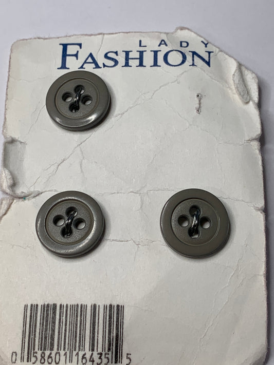 Vintage 3 Round Plastic Buttons, Four Holes, Grey, 1.2 cm, New/Old Stock