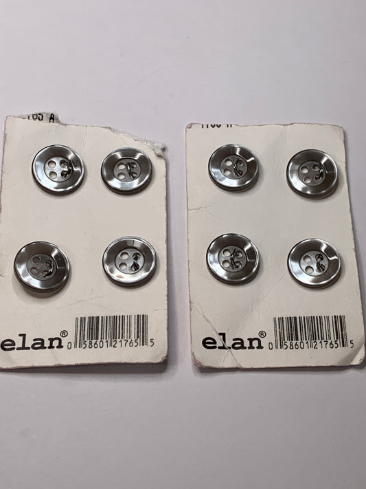 Vintage 8 Round Plastic Buttons, Four Holes, Grey, 1.2 cm, New/Old Stock