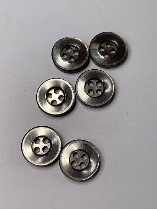 Vintage 6 Round Plastic Buttons, Four Holes, Grey, 1.2 cm, New/Old Stock