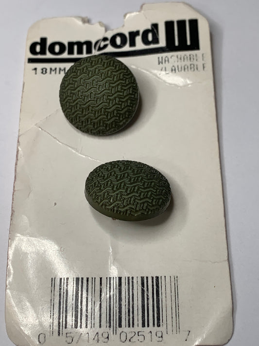 Vintage 2 Round Plastic Buttons, Shank, Green, 1.8cm, New/Old Stock