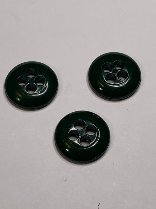 Vintage 3 Round Plastic Buttons, 4 Holes, Green, 1.5 cm, New/Old Stock