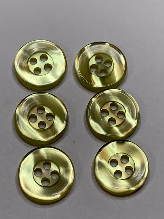 Vintage 6 Round Plastic Buttons, 4 Holes, Green, 1.2 cm, New/Old Stock