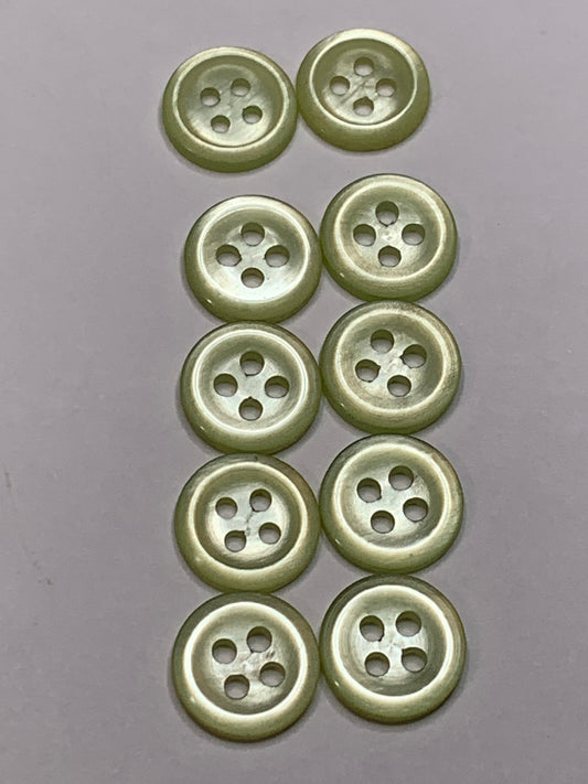 Vintage 10 Round Plastic Buttons, 4 Holes, Green, 1.2 cm, New/Old Stock