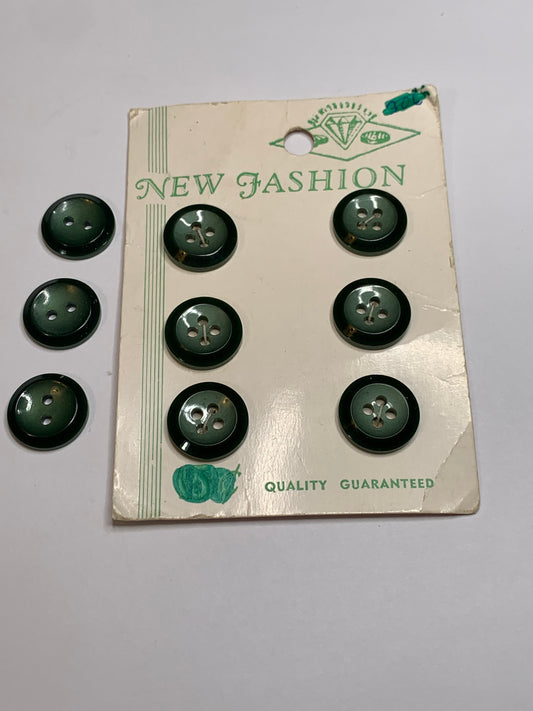 Vintage 9 Round Plastic Buttons, 2 Holes, Green, 1.2 cm, New/Old Stock