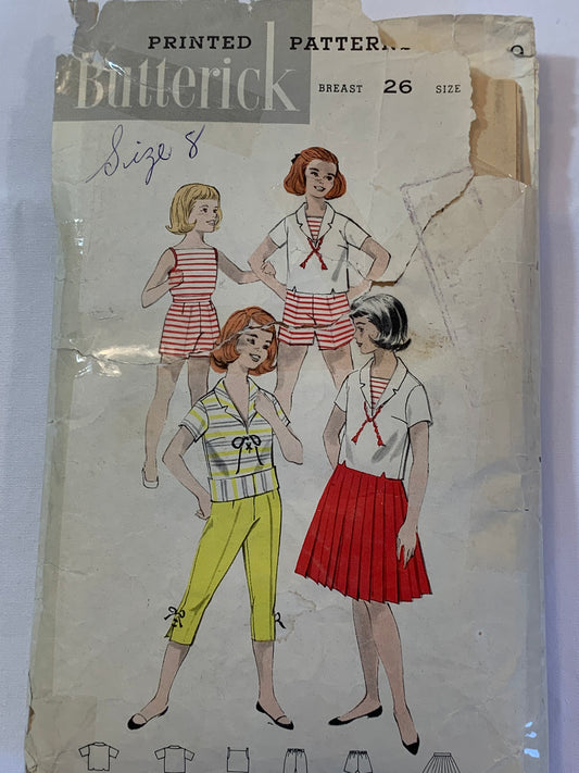 Butterick Sewing Pattern 8619 Girls' Blouse, Shorts, Pedal Pushers, Capri Pants, Skirt, Top, Camisole, Loose-Fitting, Short Sleeves, Elastic Waist, Pockets, Size 8, Cut, Vintage 1958