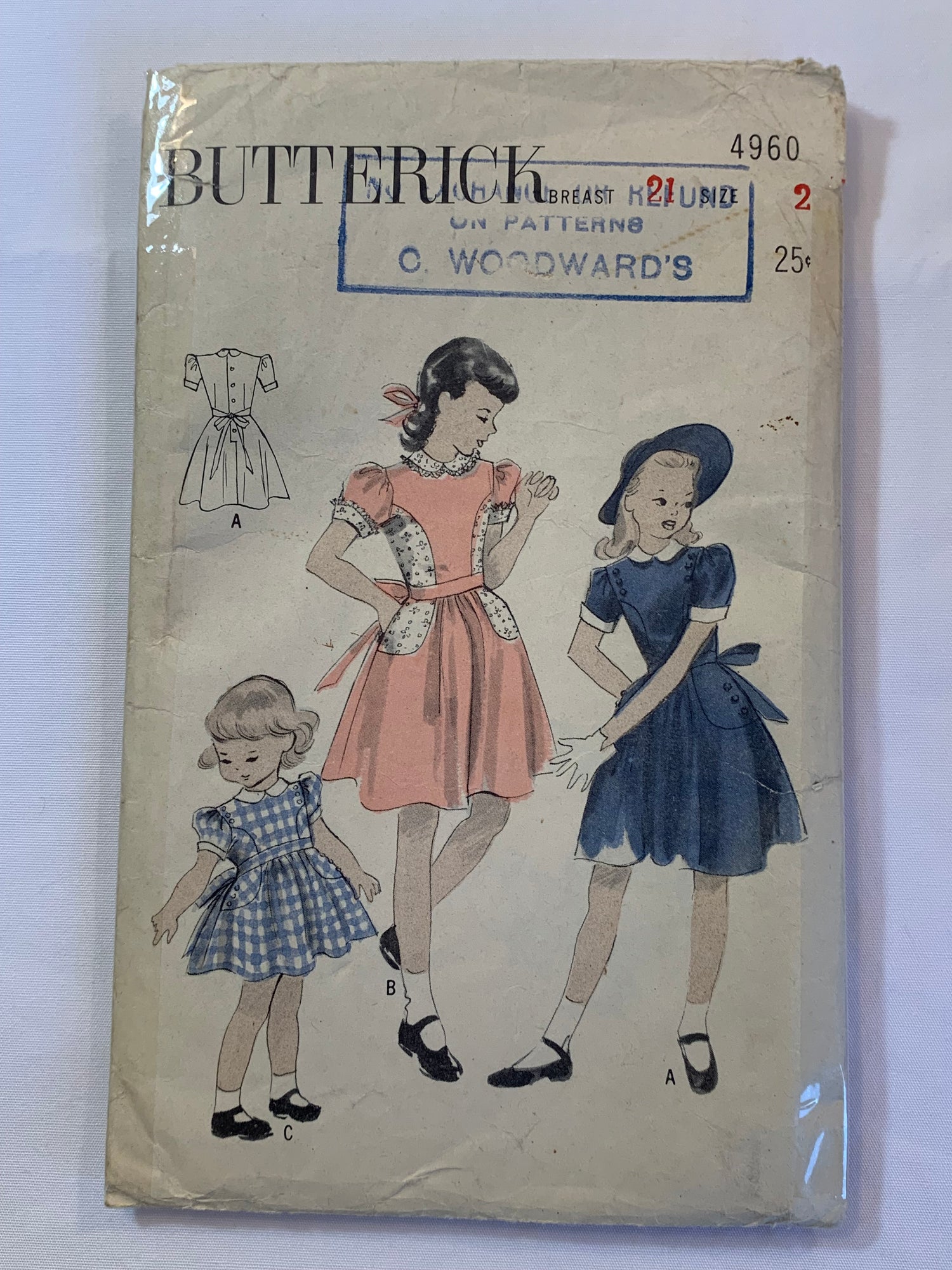 Butterick Sewing Pattern 4960 Girls' Dress, Pocket, Collar, Button Back, Tie Back, 3 Variations, Size 2, Cut, Vintage 1950