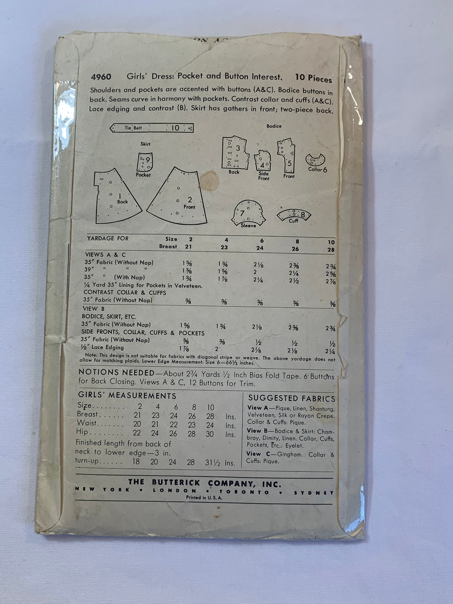 Butterick Sewing Pattern 4960 Girls' Dress, Pocket, Collar, Button Back, Tie Back, 3 Variations, Size 2, Cut, Vintage 1950