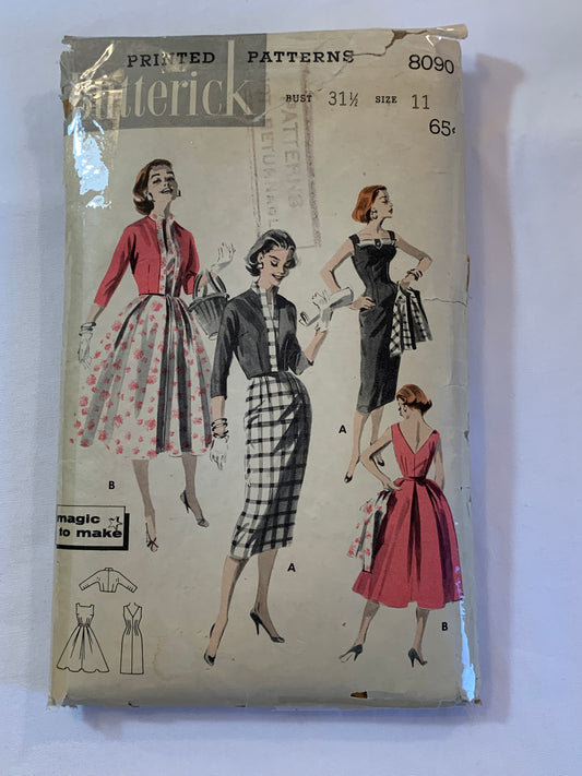 Butterick Sewing Pattern 8090 Misses'/Junior Dress, Jacket, Full Skirt, Fitted Bodice, Sleeveless, Long Sleeves, Zipper, Size 11, Cut, Vintage 1950