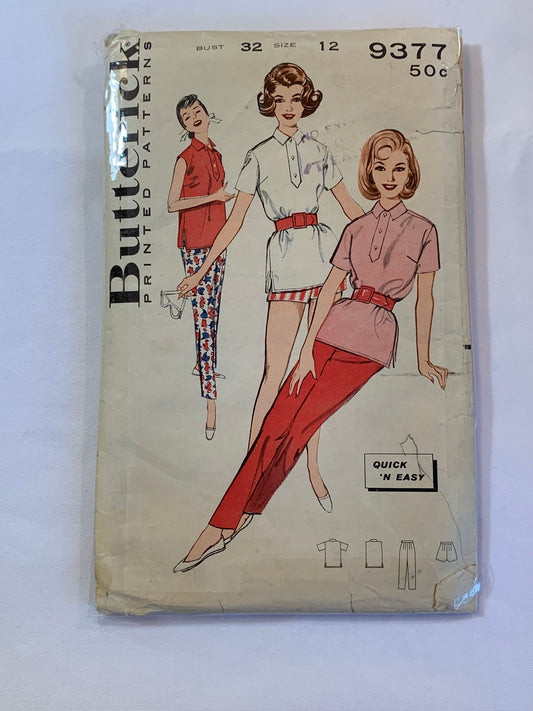 Butterick Sewing Pattern 9377 Misses' Shirt, Top, Skirts, Shorts, Pants, Button Front, Shorts Sleeves, Sleeveless, Size 12, Cut, Vintage 1950